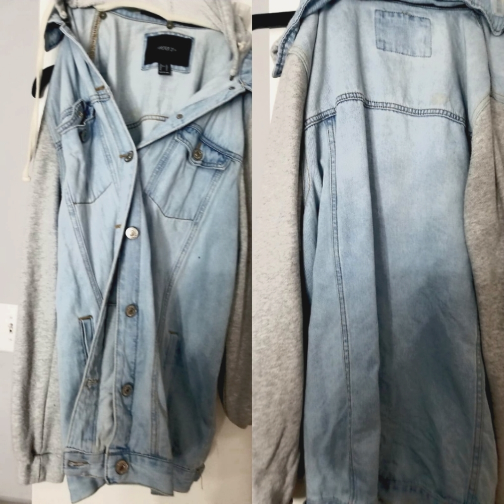 Light blue Jean jacket with Grey cotton sleeves and hoodie